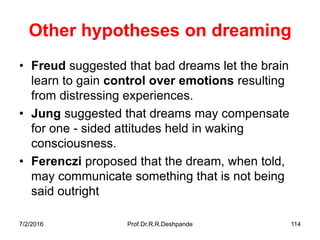 7/2/2016 Prof.Dr.R.R.Deshpande 114
Other hypotheses on dreaming
• Freud suggested that bad dreams let the brain
learn to gain control over emotions resulting
from distressing experiences.
• Jung suggested that dreams may compensate
for one - sided attitudes held in waking
consciousness.
• Ferenczi proposed that the dream, when told,
may communicate something that is not being
said outright
 