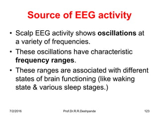 7/2/2016 Prof.Dr.R.R.Deshpande 123
Source of EEG activity
• Scalp EEG activity shows oscillations at
a variety of frequencies.
• These oscillations have characteristic
frequency ranges.
• These ranges are associated with different
states of brain functioning (like waking
state & various sleep stages.)
 