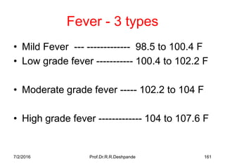 7/2/2016 Prof.Dr.R.R.Deshpande 161
Fever - 3 types
• Mild Fever --- ------------- 98.5 to 100.4 F
• Low grade fever ----------- 100.4 to 102.2 F
• Moderate grade fever ----- 102.2 to 104 F
• High grade fever ------------- 104 to 107.6 F
 