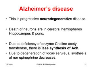 7/2/2016 Prof.Dr.R.R.Deshpande 32
Alzheimer’s disease
• This is progressive neurodegenerative disease.
• Death of neurons are in cerebral hemispheres
Hippocampus & pons.
• Due to deficiency of enzyme Choline acetyl
transferase, there is less synthesis of Ach.
• Due to degeneration of locus seruleus, synthesis
of nor epinephrine decreases.
 