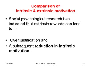 7/2/2016 Prof.Dr.R.R.Deshpande 61
Comparison of
intrinsic & extrinsic motivation
• Social psychological research has
indicated that extrinsic rewards can lead
to----
• Over justification and
• A subsequent reduction in intrinsic
motivation.
 