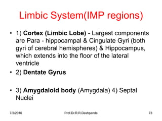 7/2/2016 Prof.Dr.R.R.Deshpande 73
Limbic System(IMP regions)
• 1) Cortex (Limbic Lobe) - Largest components
are Para - hippocampal & Cingulate Gyri (both
gyri of cerebral hemispheres) & Hippocampus,
which extends into the floor of the lateral
ventricle
• 2) Dentate Gyrus
• 3) Amygdaloid body (Amygdala) 4) Septal
Nuclei
 