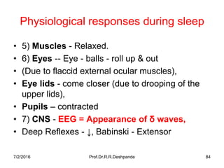 7/2/2016 Prof.Dr.R.R.Deshpande 84
Physiological responses during sleep
• 5) Muscles - Relaxed.
• 6) Eyes -- Eye - balls - roll up & out
• (Due to flaccid external ocular muscles),
• Eye lids - come closer (due to drooping of the
upper lids),
• Pupils – contracted
• 7) CNS - EEG = Appearance of δ waves,
• Deep Reflexes - ↓, Babinski - Extensor
 