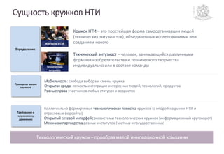 Сущность кружков НТИ
Требования к
кружковому
движению
Технологический кружок – прообраз малой инновационной компании
Коллегиально формируемая технологическая повестка кружков (с опорой на рынки НТИ и
отраслевые форсайты)
Открытый сетевой интерфейс экосистемы технологических кружков (информационный круговорот)
Механизм партнерства разных институтов (частных и государственных)
Технический
энтузиаст
Определение
Технический энтузиаст – человек, занимающийся различными
формами изобретательства и технического творчества
индивидуально или в составе команды
Кружок НТИ – это простейшая форма самоорганизации людей
(технических энтузиастов), объединенных исследованиями или
созданием новогоКружок НТИ
Принципы жизни
кружков
Мобильность: свобода выбора и смены кружка
Открытая среда: легкость интеграции интересных людей, технологий, продуктов
Равные права участников любых статусов и возрастов
 