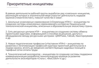 Приоритетные инициативы
В рамках деятельности рабочей группы выработан ряд «сквозных» инициатив,
реализация которых в значительной мере упростит деятельность лидеров
кружков («евангелистов»), повысит качество и охват:
1. Школьные инженерные соревнования («Олимпиада НТИ») – инициатива по
созданию системы инженерных соревнований в интересах Национальной
технологической инициативы, вписанных в образовательную экосистему страны.
2. Сеть ресурсных центров НТИ – инициатива по созданию системы обмена
проектными задачами, информацией о способах их решения, доступа к
оборудованию между ресурсными центрами: ЦМИТами, FabLab, Кванториумами
и др.
3. Новые педагогические профессии («Наставник НТИ») – инициатива по
развитию и легитимизации профессий куратора проектной деятельности и
лидера кружка, вплоть до введения соответствующих кадровых позиций в
тарифные сетки оплаты труда.
4. Технологический акселератор – инициатива по созданию системы поддержки
коммерциализации разработок технологических кружков (в развитие
деятельности акселераторов «Сталь», «BioCl10ch» и др.)
 
