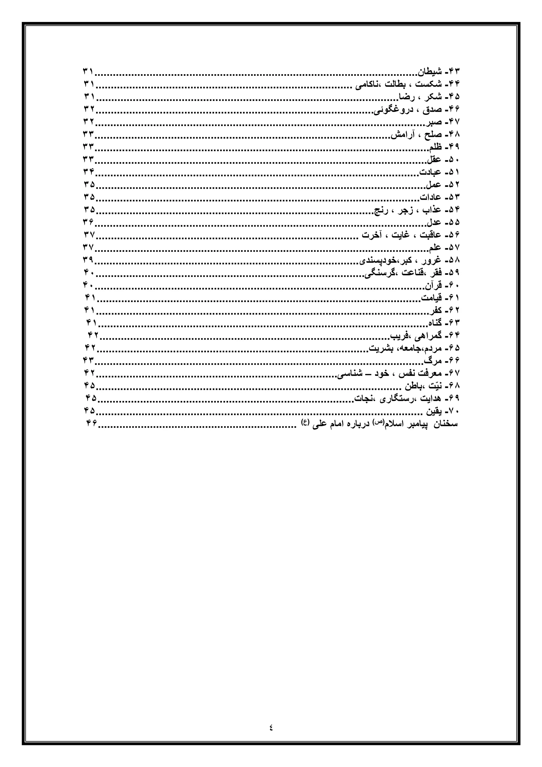 ٤
۴٣-‫ﺷﯾطﺎن‬..........................................................................................................٣١
۴۴-‫،ﻧﺎﮐﺎﻣﯽ‬ ‫ﺑطﺎﻟت‬ ، ‫ﺷﮑﺳت‬....................................................................................٣١
۴۵-‫ﺷﮑر‬،‫رﺿﺎ‬...................................................................................................٣١
۴۶-‫دروﻏﮕوﺋﯽ‬ ، ‫ﺻدق‬...........................................................................................٣٢
۴٧-‫ﺻﺑر‬............................................................................................................٣٢
۴٨-‫آراﻣش‬ ، ‫ﺻﻠﺢ‬.................................................................................................٣٣
۴٩-‫ظﻠم‬..............................................................................................................٣٣
۵٠-‫ﻋﻘل‬.............................................................................................................٣٣
۵١-‫ﻋﺑﺎدت‬..........................................................................................................٣۴
۵٢-‫ﻋﻣل‬............................................................................................................٣۵
۵٣-‫ﻋﺎدات‬..........................................................................................................٣۵
۵۴-‫رﻧﺞ‬ ، ‫زﺟر‬ ، ‫ﻋذاب‬...........................................................................................٣۵
۵۵-‫ﻋدل‬.............................................................................................................٣۶
۵۶-‫آﺧرت‬ ، ‫ﻏﺎﯾت‬ ، ‫ﻋﺎﻗﺑت‬......................................................................................٣٧
۵٧-‫ﻋﻠم‬..............................................................................................................٣٧
۵٨-‫ﻏرو‬‫ﮐﺑر،ﺧودﭘﺳﻧدی‬ ، ‫ر‬.......................................................................................٣٩
۵٩-‫،ﮔرﺳﻧﮕﯽ‬ ‫،ﻗﻧﺎﻋت‬ ‫ﻓﻘر‬........................................................................................۴٠
۶٠-‫ﻗرآن‬............................................................................................................۴٠
۶١-‫ﻗﯾﺎﻣت‬..........................................................................................................۴١
۶٢-‫ﮐﻔر‬.............................................................................................................۴١
۶٣-‫ﮔﻧﺎه‬............................................................................................................۴١
۶۴-‫،ﻓرﯾب‬ ‫ﮔﻣراھﯽ‬...............................................................................................۴٢
۶۵-‫ﺑﺷرﯾت‬ ،‫ﻣردم،ﺟﺎﻣﻌﮫ‬.........................................................................................۴٢
۶۶-‫ﻣرگ‬............................................................................................................۴٣
۶٧-‫ﺧود‬ ، ‫ﻧﻔس‬ ‫ﻣﻌرﻓت‬–‫ﺷﻧﺎﺳﯽ‬...............................................................................۴٢
۶٨-‫،ﺑﺎطن‬ ‫ت‬ّ‫ﯾ‬‫ﻧ‬....................................................................................................۴۵
۶٩-‫،رﺳﺗ‬ ‫ھداﯾت‬‫،ﻧﺟﺎت‬ ‫ﮕﺎری‬....................................................................................۴۵
٧٠-‫ﯾﻘﯾن‬...........................................................................................................۴۵
‫ﺳﺧﻧﺎن‬‫اﺳﻼم‬ ‫ﭘﯾﺎﻣﺑر‬(‫)ص‬‫ﻋﻠﯽ‬ ‫اﻣﺎم‬ ‫درﺑﺎره‬(‫)ع‬.................................................................۴۶
 