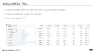 @danielbianchini
GOOGLE ANALYTICS - PAGES
▸ Locate all pages that have received trafﬁc in your analytics package
▸ Choose a wide data range 12-24months
▸ Export all pages to XLS
 