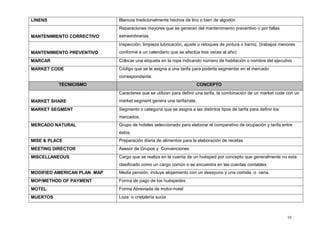 10
LINENS Blancos tradicionalmente hechos de lino o bien de algodón
MANTENIMIENTO CORRECTIVO
Reparaciones mayores que se generan del mantenimiento preventivo o por fallas
extraordinarias.
MANTENIMIENTO PREVENTIVO
Inspección, limpieza lubricación, ajuste o retoques de pintura o barniz, (trabajos menores
conforme a un calendario que se efectúa tres veces al año)
MARCAR Colocar una etiqueta en la ropa indicando número de habitación o nombre del ejecutivo
MARKET CODE Código que se le asigna a una tarifa para poderla segmentar en el mercado
correspondiente.
TECNICISMO CONCEPTO
MARKET SHARE
Caracteres que se utilizan para definir una tarifa, la combinación de un market code con un
market segment genera una tarifa/rate.
MARKET SEGMENT Segmento o categoría que se asigna a las distintos tipos de tarifa para definir los
mercados.
MERCADO NATURAL Grupo de hoteles seleccionado para elaborar el comparativo de ocupación y tarifa entre
éstos.
MISE & PLACE Preparación diaria de alimentos para la elaboración de recetas
MEETING DIRECTOR Asesor de Grupos y Convenciones
MISCELLANEOUS Cargo que se realiza en la cuenta de un huésped por concepto que generalmente no esta
clasificado como un cargo común o se encuentra en las cuentas contables
MODIFIED AMERICAN PLAN MAP Media pensión. incluye alojamiento con un desayuno y una comida o cena
MOP/METHOD OF PAYMENT Forma de pago de los huéspedes.
MOTEL Forma Abreviada de motor-hotel
MUERTOS Loza o cristalería sucia
 