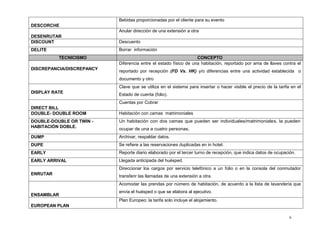 6
DESCORCHE
Bebidas proporcionadas por el cliente para su evento
DESENRUTAR
Anular dirección de una extensión a otra
DISCOUNT Descuento
DELITE Borrar información
TECNICISMO CONCEPTO
DISCREPANCIA/DISCREPANCY
Diferencia entre el estado físico de una habitación, reportado por ama de llaves contra el
reportado por recepción (FD Vs. HK) y/o diferencias entre una actividad establecida o
documento y otro
DISPLAY RATE
Clave que se utiliza en el sistema para insertar o hacer visible el precio de la tarifa en el
Estado de cuenta (folio).
DIRECT BILL
Cuentas por Cobrar
DOUBLE- DOUBLE ROOM Habitación con camas matrimoniales
DOUBLE-DOUBLE OR TWIN -
HABITACIÓN DOBLE.
Un habitación con dos camas que pueden ser individuales/matrimoniales, la pueden
ocupar de una a cuatro personas.
DUMP Archivar, respaldar datos.
DUPE Se refiere a las reservaciones duplicadas en in hotel.
EARLY Reporte diario elaborado por el tercer turno de recepción, que indica datos de ocupación.
EARLY ARRIVAL Llegada anticipada del huésped.
ENRUTAR
Direccionar los cargos por servicio telefónico a un folio o en la consola del conmutador
transferir las llamadas de una extensión a otra.
ENSAMBLAR
Acomodar las prendas por número de habitación, de acuerdo a la lista de lavandería que
envía el huésped o que se elabora al ejecutivo.
EUROPEAN PLAN
Plan Europeo; la tarifa solo incluye el alojamiento.
 