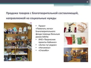 Продажа товаров с благотворительной составляющей,
направляемой на социальные нужды
8
• Проект
«Помогать легко»
Благотворительного
фонда помощи больным
раком AdVita
• АНО «Творческие
проекты Кайкино»
• «Антон тут рядом»
• «Ночлежка»
• «Спасибо»
 