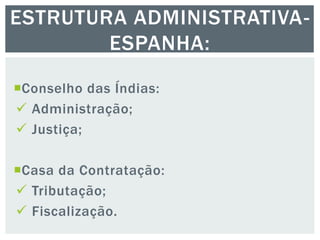 Conselho das Índias:
 Administração;
 Justiça;
Casa da Contratação:
 Tributação;
 Fiscalização.
ESTRUTURA ADMINISTRATIVA-
ESPANHA:
 