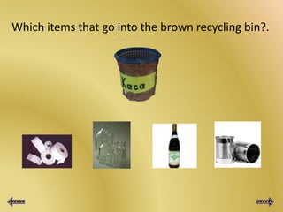 Which items that go into the brown recycling bin?.
 
