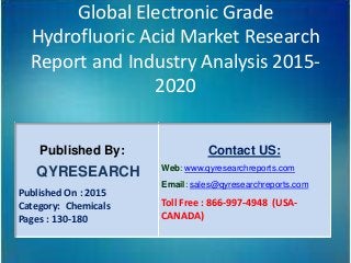Global Electronic Grade
Hydrofluoric Acid Market Research
Report and Industry Analysis 2015-
2020
Published By:
QYRESEARCH
Published On : 2015
Category: Chemicals
Pages : 130-180
Contact US:
Web: www.qyresearchreports.com
Email: sales@qyresearchreports.com
Toll Free : 866-997-4948 (USA-
CANADA)
 