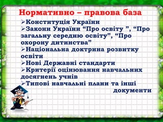 Нормативно – правова база
Конституція України
Закони України “Про освіту ”, “Про
загальну середню освіту”, “Про
охорону дитинства”
Національна доктрина розвитку
освіти
Нові Державні стандарти
Критерії оцінювання навчальних
досягнень учнів
Типові навчальні плани та інші
документи
 