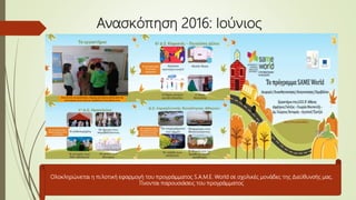 Ανασκόπηση 2016: Ioύνιος
Oλοκληρώνεται η πιλοτική εφαρμογή του προγράμματος S.A.M.E. World σε σχολικές μονάδες της Διεύθυνσής μας.
Γίνονται παρουσιάσεις του προγράμματος
 