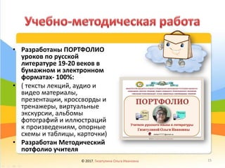 • Разработаны ПОРТФОЛИО
уроков по русской
литературе 19-20 веков в
бумажном и электронном
форматах- 100%:
• ( тексты лекций, аудио и
видео материалы,
презентации, кроссворды и
тренажеры, виртуальные
экскурсии, альбомы
фотографий и иллюстраций
к произведениям, опорные
схемы и таблицы, карточки)
• Разработан Методический
потфолио учителя
© 2017, Гизатулина Ольга Ивановна 15
 