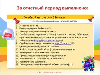 1. Учебной нагрузки – 824 часа
(P/s: 26 часов больничный лист с 19.04-по 29.04.2017)
2. Открытое занятие -1
3. Международные Вебинары-3
4. Международные конференции- 4
5. Опубликовано научные статьи -4 ( Россия, Казахстан, Узбекистан)
6. Мультимедийные разработки, опубликованы за рубежом – 10
7. Публикации в http://library.ziyonet.uz/–15
8. Опубликовано видеороликов на http://utube.uz/-13
9. Дистанционное обучение -20 человек
10. Работа на авторский сайтах (пополнение контента)
11. Интегрированные семинар -тренинг -1
12. Провела фестиваль-конкурс «Пушкиниана»
13. Участие в ГГУ «Праздник русского языка»
14. Родительское собрание- 2
15. Посещение занятий учителей (обмен опытом) -18
© 2017, Гизатулина Ольга Ивановна
2
 