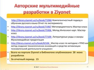 http://library.ziyonet.uz/ru/book/71966 Компетентностный подход в
обучении русского языка Отчет по эксперименту
• http://library.ziyonet.uz/ru/book/71967 Метапредметность Мастер-класс
• http://library.ziyonet.uz/ru/book/75906 Метод Интеллект-карт. Мастер-
класс
• http://library.ziyonet.uz/ru/book/77109 Литературные роды и жанры
Мультимедийная предентация
• http://library.ziyonet.uz/ru/book/82104 Мастер-класс по методике «ТРИЗ как
метод создания технологических инноваций и средство активизации
познавательной деятельности учащихся»
• Всего на портале Ziyonet в библиотеке опубликовано 28 моих
разработок
• За отчетный период- 15
© 2017, Гизатулина Ольга Ивановна 25
 