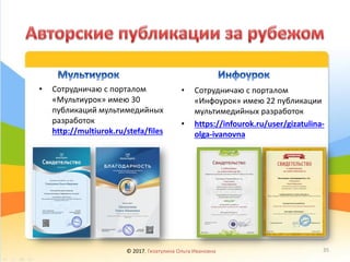 • Сотрудничаю с порталом
«Мультиурок» имею 30
публикаций мультимедийных
разработок
http://multiurok.ru/stefa/files
• Сотрудничаю с порталом
«Инфоурок» имею 22 публикации
мультимедийных разработок
• https://infourok.ru/user/gizatulina-
olga-ivanovna
© 2017, Гизатулина Ольга Ивановна 35
 