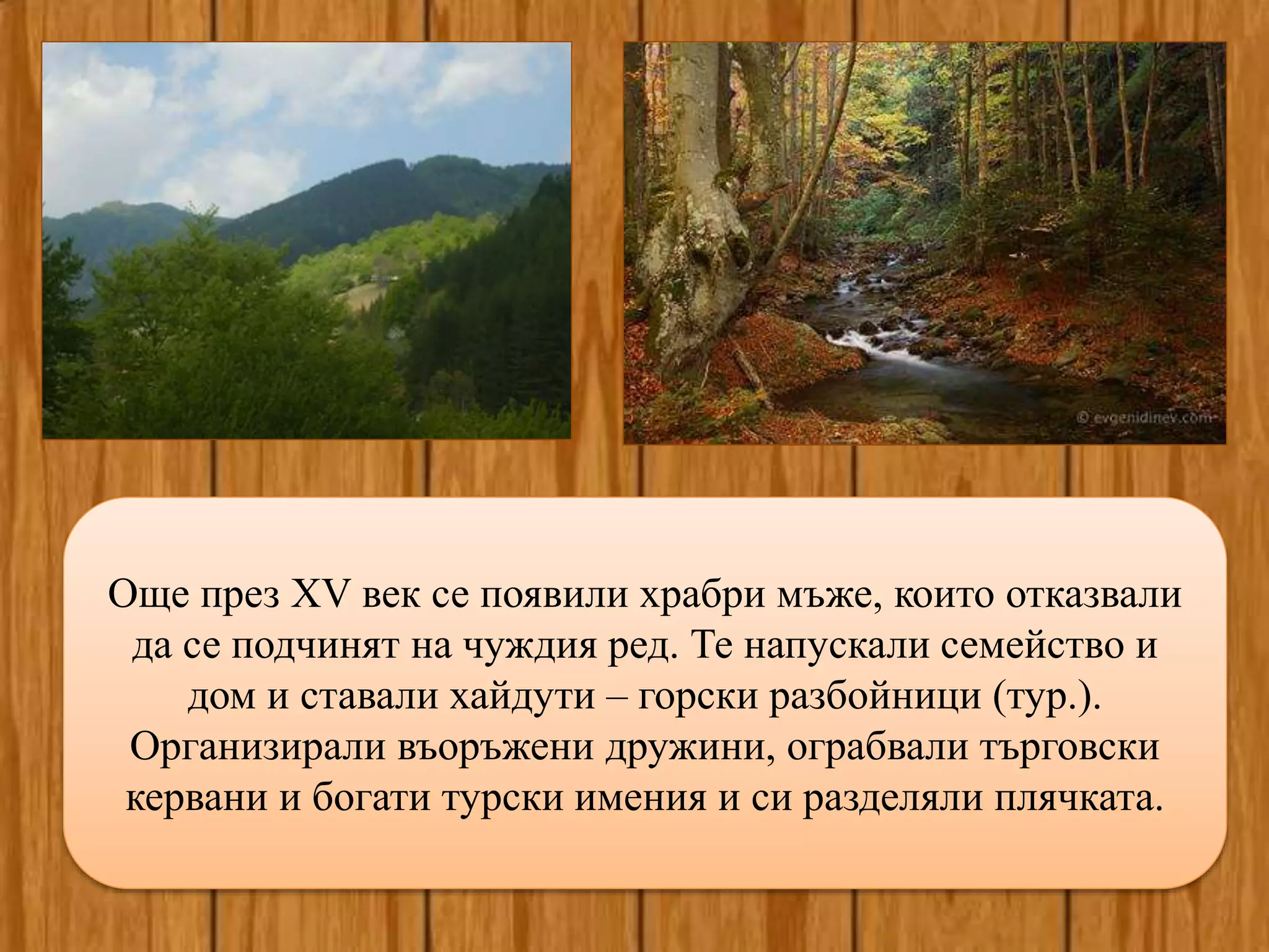 Още през XV век се появили храбри мъже, които отказвали
да се подчинят на чуждия ред. Те напускали семейство и
дом и ставали хайдути – горски разбойници (тур.).
Организирали въоръжени дружини, ограбвали търговски
кервани и богати турски имения и си разделяли плячката.
 