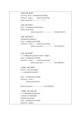 //전체 사원 SELECT
List<Emp> emps = empRepository.findAll();
for(Emp e : emps) { System.out.println(e); }
System.out.println("---------------------");
//2번 사원 SELECT
Emp e = empRepository.findOne(2L);
System.out.println(e);
System.out.println("---------------------2번사원 SELECT");
//3번 사원 DELETE
empRepository.delete(3L);
emps = empRepository.findAll();
for(Emp e1 : emps) { System.out.println(e1); }
System.out.println("---------------------3번 DELETE후");
//4번 사원 INSERT
e = empRepository.save(new Emp(4L, "4길동"));
emps = empRepository.findAll();
for(Emp e1 : emps) { System.out.println(e1); }
System.out.println("---------------------4번 INSERT후");
//'5길동' 사원 INSERT
Emp e5 = new Emp(“5길동”);
e = empRepository.save(e5);
emps = empRepository.findAll();
for(Emp e1 : emps) {
System.out.println(e1);
}
System.out.println("---------------------5번 INSERT후");
//'5길동' 사원 이름 수정
e = empRepository.findOne(5L);
e.setEname("수정된5길동");
empRepository.save(e);
emps = empRepository.findAll();
for(Emp e1 : emps) {
 