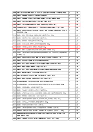 14086 GALLETA COOKIES AMB GRANS DE XOCOLATE CHIPS AHOY ORIGINAL, LU, PAQUET 300 g 1 2,20
14087 GALETA TORRADA TOSTARICA, CUETARA, CAIXA 570 g 1 1,85
14092 GALETA TORRADA TOSTARICA XOCOLATA OCEANIX, CUETARA, PAQUET 480 g 1 2,80
14093 GALETA FIBRA LÍNIA AMB 3 CEREALS, CUETARA, CAIXA 500 g 1 2,10
14095 GALETA FARCIDA SABOR MADUIXA I NATA, HACENDADO, PAQUET 144 g 1 0,85
14098 COQUES DE BLAT ***PAQUET ESTALVI***, HACENDADO, PAQUET PACK 2 x 120 g - 240 g 1 2,00
14099 GALETA SOBROZOOS (GALETA FORMA D'ANIMALS AMB CEREALS), HACENDADO, CAIXA 12
BOSSETES - 316 g
1 1,30
14102 GALETA MARIA TRADICIONAL, HACENDADO, PAQUET 4 TUBS - 800 g 1 0,99
14113 GALETA DIGESTIVE FIBRA, HACENDADO, PAQUET 400 g 1 1,40
14115 GALETA TORRADA, FLORA, 2 TUBS CAIXA 450 g 1 1,17
14116 GALETA DINOSAURES, ARTIACH, CAPSA 8 BOSSETES - 329 g 1 1,70
14117 GALETA FARCIDA LLIMONA, ARTIACH, PAQUET 150 g 1 0,95
14118 GALETA MARIA DAURADA 0% SUCRES, MARBU, CAIXA 2 TUBS - 400 g 1 1,95
14120 GALETA FARCIDA XOCOLATA REBUENA ***PAQUET ESTALVI***, HACENDADO, PAQUET PACK
2 x 500 g - 1 Kg
1 1,78
14121 GALETA DINOSAURES XOCOLATA AMB LLET, ARTIACH, CAPSA 8 BOSSETES - 340 g 1 2,45
14124 GALETA DIGESTIVE CIVADA, SELECTA, CAIXA 2 TUBS 850 g 1 2,20
14125 GALETA GRAFY XOCOLATA AMB LLET, HACENDADO, CAIXA 8 BOSSETES - 265 g 1 1,24
14126 GALETA MARIA DORADA, MARBU, CAIXA 4 TUBS 800 g 1 2,15
14127 GALETA GRAFY XOCOLATA BLANCA, HACENDADO, PAQUET 8 BOSSETES - 265 g 1 1,35
14128 GALETA MINI AMB CACAU, CHOCO TEEN, PAQUET 500 g 1 1,65
14131 GALLETA DIGESTIVE XOCOLATA AMB LLET, SELECTA, PAQUET 300 g 1 0,99
14132 GALETA MARIA DAURADA, HACENDADO, 4 TUBS PAQUET 800 g 1 0,99
14135 NEULA QUADRADA FARCIDA XOCOLATA, SELECTA, PAQUET 210 g 1 0,70
14136 NEULA QUADRADA FARCIDA NATA SENSE SUCRES AFEGITS, SELECTA, PAQUET 210 g 1 0,95
14140 GALETA CARAMELIZAD A, LOTUS, PAQUET 187 g 1 1,35
14209 GALETA FULLADA, HACENDADO, 4 TUBS PAQUET 640 g 1 1,55
14305 GALETA ZAP'S CACAU FARCIDA CREMA ZAP'S, HACENDADO, PAQUET 8 BOSSETES - 325 g 1 1,17
14324 GALETA TORRADA, HACENDADO, 4 TUBS PAQUET 800 g 1 0,89
14413 GALETA FARCIDA CEREALS XOCOLATA CHOCOFLAKES, CUETARA, CAIXA 550 g 1 2,55
14415 GALETA CANYELLA, HACENDADO, CAPSA 2 TUBS - 500 g 1 1,27
14416 GALETA CHIQUILIN, ARTIACH, 3 TUBS CAIXA 525 g 1 1,98
14417 GALETA FARCIDA CEREALS NOCILLA CHOCOFLAKES, CUETARA, CAIXA 450 g 1 2,30
14420 BARRETA CEREALS I XOCOLATA AMB LLET SARIALIS, BICENTURY, PAQUET 5 u - 100 g 1 1,99
14514 BARRETES CRUIXENTS FARCIDES DE CREMA COCO COBERTURA XOCOLATA AMB LLET,
TIRMA, PAQUET 215 g
1 1,35
14520 GALETA COBERTA XOCOLATA BLANCA, HACENDADO, PAQUET 4X75 g - 300 g 1 1,14
 