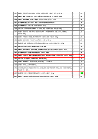 14521 GALETA COBERTA XOCOLATA NEGRA, HACENDADO, PAQUET 4X75 g - 300 g 1 1,14
14539 GALETA AMB CREMA LLET XOCOLATA CHOCO ESTRELLA, LU, PAQUET 225 g 1 1,69
14540 GALETA XOCOLATA BLANCA XOCO ESTRELLA, LU, PAQUET 225 g 1 1,69
14571 NEULA BANYADA XOCOLATA XOCO ROLLS, ARRIBA, CAIXA 125 g 1 1,19
14576 NEULA FARCIDA NATA, SELECTA, PAQUET 210 g 1 0,70
14589 GALLETA COOKIES AMB GRANS DE XOCOLATA, HACENDADO, PAQUET 330 g 1 1,25
14591 GALETA COOKIES AMB GRANS DE XOCOLATA FARCIDA CREMA AVELLANES, MERBA,
PAQUET 175 g
1 1,30
14600 GALETA FARCIDA XOCOLATA REBUENA, HACENDADO, PAQUET 500 g 1 0,95
14605 GALETA XOCOLATA PRINCIPE, LU, PACK 2 x 300 g - 600 g 1 2,95
14609 GALETES AMB XOCOLATA PRÍNCIPE ESMORZAR, LU, CAIXA 6 BOSSETES - 300 g 1 1,50
14619 BASTONETS XOCOLATA MIKADO, LU, CAIXA 75 g 1 1,18
14626 GALETA XOCOLATINA XOCOLATA NEGRA (CHOC D' OR), HACENDADO, PAQUET 150 g 1 0,89
14631 NEULA REDONA COCA, PAN DE ANGEL, PAQUET 200 g 1 1,99
14633 GALETA COOKIES AMB LLAVORS DE XOCOLATA SENSE GLUTEN, HACENDADO, PAQUET 200 g 1 1,89
14634 GALLETA SOJA FRUT, HACENDADO, PAQUET 260 g 1 1,12
14682 GALETA TOSTARICA CHOCOGUAY, CUETARA, 4 u CAIXA 168 g 1 1,32
14698 GALETA OREO, LU, PAQUET 154 g 1 1,00
14712 NEULA QUADRADA ROSSINI FARCIDA XOCOLATA AMB TROSSETS AVELLANA, HANS FREITAG,
PAQUET 12 u - 250 g
1 1,69
82527 GALETES DISCOCREM SENSE GLUTEN, BEIKER, PAQUET 100 g 1 1,50
82921 GALETA FARCIDA XOCOLATA SENSE SUCRE, GULLON, PAQUET 250 g 1 1,20
 