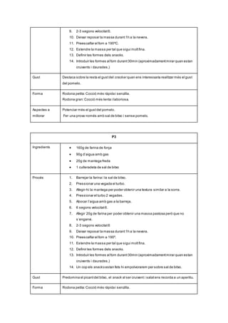 9. 2-3 segons velocitat6.
10. Deixar reposar la massa durant1h a la nevera.
11. Preescalfar el forn a 190ºC.
12. Estendre la massa per tal que sigui moltfina.
13. Definir les formes dels snacks.
14. Introduir les formes al forn durant30min (aproximadamentmirar quan estan
cruixents i daurades.)
Gust Destaca sobre la resta el gustdel cracker quan ens interessaria realitzar més el gust
del pomelo.
Forma Rodona petita:Cocció més ràpida i senzilla.
Rodona gran:Cocció més lenta i laboriosa.
Aspectes a
millorar
Potenciar més el gustdel pomelo.
Fer una prova només amb sal de bitxo i sense pomelo.
P3
Ingredients  160g de farina de força
 90g d’aigua amb gas
 20g de mantega freda
 1 culleradeta de sal de bitxo
Procés 1. Barrejar la farina i la sal de bitxo.
2. Pressionar una vegada el turbo.
3. Afegir-hi la mantega per poder obtenir una textura similar a la sorra.
4. Pressionar el turbo 2 vegades.
5. Abocar l’aigua amb gas a la barreja.
6. 6 segons velocitat6.
7. Afegir 20g de farina per poder obtenir una massa pastosa però que no
s’enganxi.
8. 2-3 segons velocitat6
9. Deixar reposar la massa durant1h a la nevera.
10. Preescalfar el forn a 190º.
11. Estendre la massa per tal que sigui moltfina.
12. Definir les formes dels snacks.
13. Introduir les formes al forn durant30min (aproximadamentmirar quan estan
cruixents i daurades.)
14. Un cop els snacks estan fets hi empolvorarem per sobre sal de bitxo.
Gust Predomina el picantdel bitxo, el snack al ser cruixent i salatens recorda a un aperitiu.
Forma Rodona petita:Cocció més ràpida i senzilla.
 