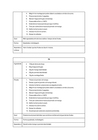 4. Afegir-hi la mantega per poder obtenir una textura similar a la sorra.
5. Pressionar el turbo 2 vegades.
6. Abocar l’aigua amb gas a la barreja.
7. Preescalfar el forn a 190ºC.
8. Estendre la massa per tal que sigui moltfina.
9. Tirar per sobre de la massa el pomelo i el mango.
10. Definir la forma de el snack.
11. Introduir-ho 22 min al forn.
12. Deixar-ho refredar.
Gust Molt agradable amb els tocs exòtics i dolços de les fruites.
Forma Quadrada,moltelegant.
Aspectes a
millorar
Hem d’evitar que les fruites es daurin massa.
P6
Ingredients  100g de farina de força
 65g d’aigua amb gas
 25g de mango deshidratat
 25g de pomelo deshidratat
 10g de mantega freda
Procés 1. Triturar el pomelo i el mango.
2. Deixar a part el pomelo i el mango triturat.
3. Introduir la farina i pressionar una vegada el turbo.
4. Afegir-hi la mantega per poder obtenir una textura similar a la sorra.
5. Pressionar el turbo 2 vegades.
6. Abocar l’aigua amb gas a la barreja.
7. Preescalfar el forn a 190ºC
8. Estendre la massa per tal que sigui moltfina.
9. Tirar per sobre de la massa el pomelo i el mango.
10. Definir la forma de el snack.
11. Introduir-ho 22min al forn.
12. Deixar-ho refredar.
13. Escampar per sobre els snacks la sal de bitxo.
Gust Predomina el picantdel bitxo que combina moltbé amb el gustde les fruites.
Forma Forma quadrada,moltelegant.
Aspectes a Decidir entre mango o pomelo deshidratat.
 