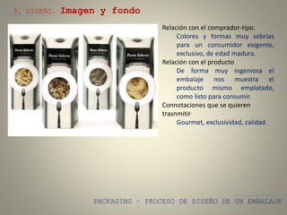 PACKAGING – PROCESO DE DISEÑO DE UN EMBALAJE
3. DISEÑO. Imagen y fondo
Relación con el comprador-tipo.
Colores y formas muy sobrias
para un consumidor exigente,
exclusivo, de edad madura.
Relación con el producto
De forma muy ingeniosa el
embalaje nos muestra el
producto mismo emplatado,
como listo para consumir.
Connotaciones que se quieren
trasnmitir
Gourmet, exclusividad, calidad.
 