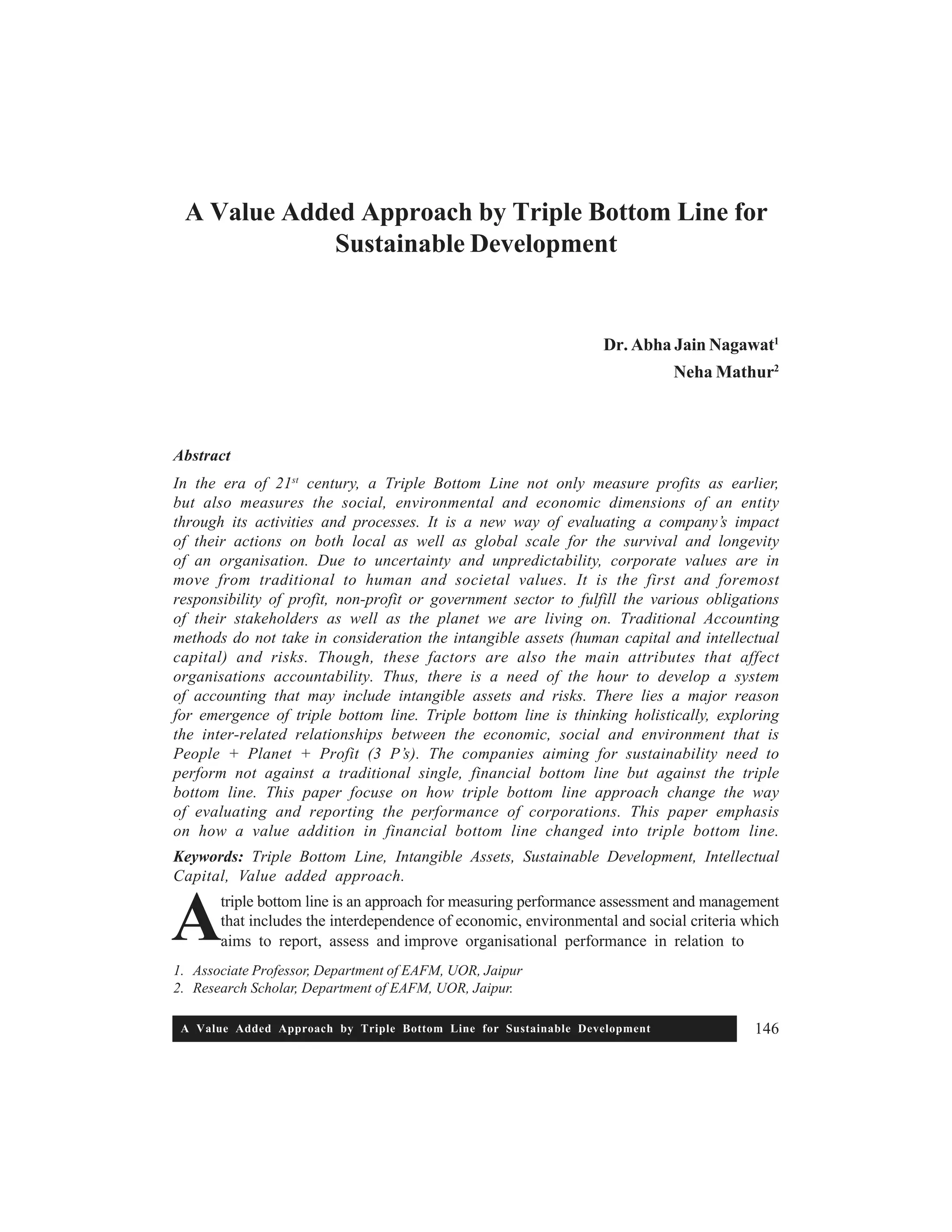 A Value Added approach by Triple Bottom line for Sustainable ...