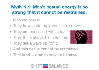 Myth N.1: Men’s sexual energy is so
strong that it cannot be restrained.
• Men are sexual.
• They have a strong irrepressible drive.
• They are obsessed with sex.
• They think about it all the time.
• They are always up for it.
• And this desire cannot be restrained.
• That is why women have to behave.
 