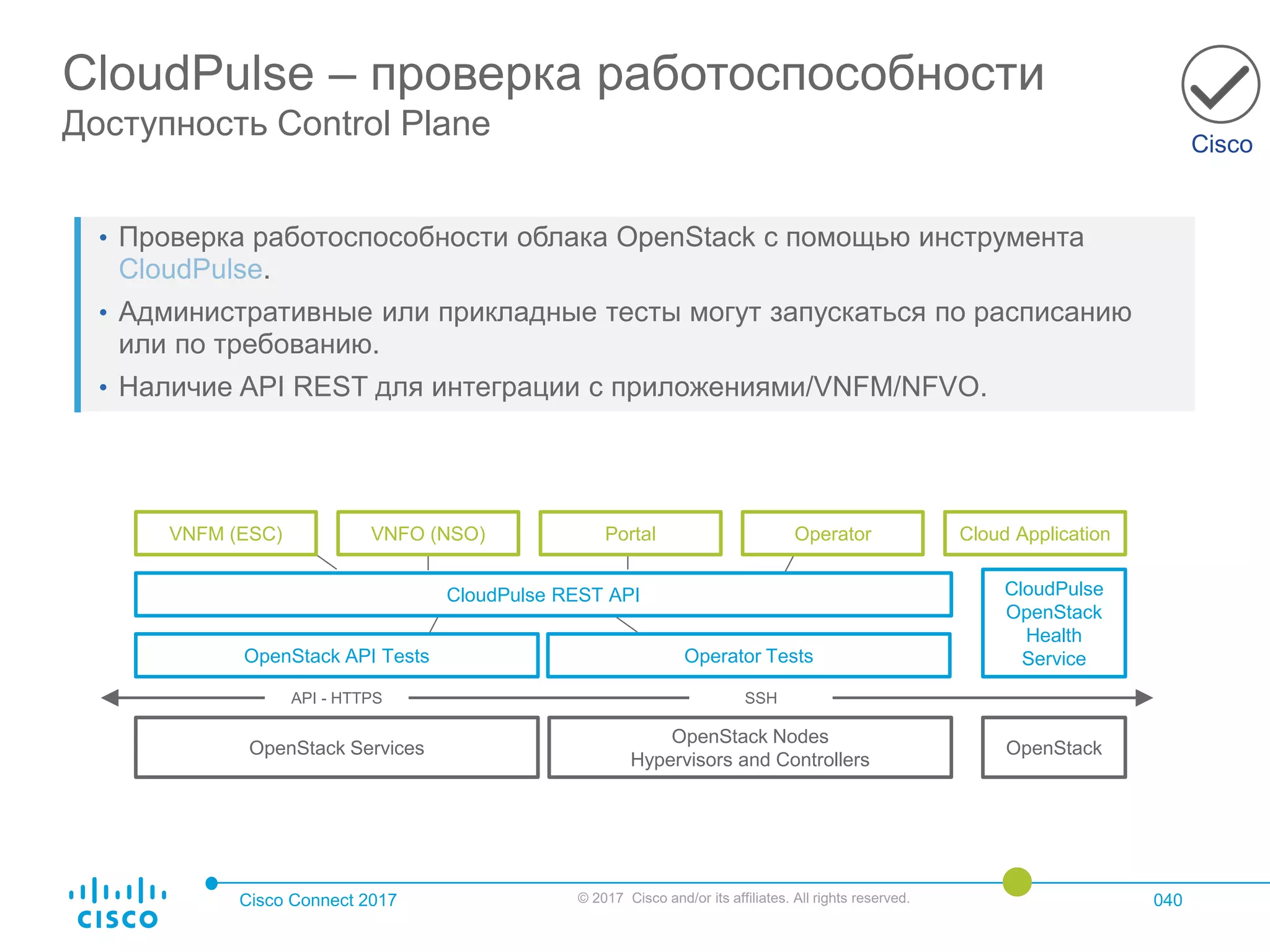 Cisco Connect 2017 © 2017 Cisco and/or its affiliates. All rights reserved. 040
Cisco
CloudPulse – проверка работоспособности
Доступность Control Plane
CloudPulse
OpenStack
Health
Service
OpenStack Services
OpenStack Nodes
Hypervisors and Controllers
OpenStack
API - HTTPS SSH
VNFM (ESC) VNFO (NSO) Portal Operator Cloud Application
CloudPulse REST API
OpenStack API Tests Operator Tests
• Проверка работоспособности облака OpenStack с помощью инструмента
CloudPulse.
• Административные или прикладные тесты могут запускаться по расписанию
или по требованию.
• Наличие API REST для интеграции с приложениями/VNFM/NFVO.
 
