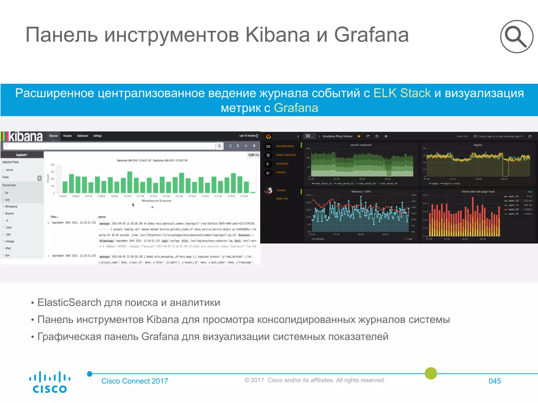 Cisco Connect 2017 © 2017 Cisco and/or its affiliates. All rights reserved. 045
Панель инструментов Kibana и Grafana
Расширенное централизованное ведение журнала событий с ELK Stack и визуализация
метрик с Grafana
• ElasticSearch для поиска и аналитики
• Панель инструментов Kibana для просмотра консолидированных журналов системы
• Графическая панель Grafana для визуализации системных показателей
 