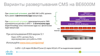 1 2 3 4 5 6 7 8
2.4	Ghz,	E5-2630v3
Ядра
Процессоры
CMS	Core
4	vCPU,	5	HD	ports
CMS	Core
16	(8+HT)	vCPU-HT,	20	HD	ports
Варианты развертывания CMS на BE6000M
При использовании ESXi версии 5.1
Один vCPU должен быть
зарезервирован для работы ESXi
Используйте www.cisco.com/go/vmpt
CMS	Core
6 vCPU,	7,5	HD	ports
При совместной	установке,	для	CMS	VM	1 vCPU должен	
быть	равен	1	физическому	ядру процессора.	
При выделенной	установке производительность	CMS	
оценивается	из	расчёта 1 vCPU =	 1	логическому	ядру
(hyperthreading)	или 2	логических	ядра	на	1	физическое
ядро	процессора
1	vCPU	=	1,25	порта	HD	(без	HT)	или	2,5	порта	HD	(х2	c	HT на	выделенном	сервере)
 