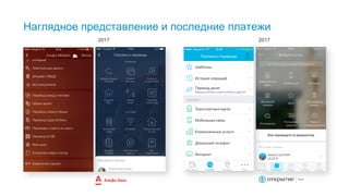 2017
17
Наглядное представление и последние платежи
2017
Наглядное представление основной функциональности ускоряет выполнение заданий.
Альфа-Банк еще хочется похвалить за возможность повторить платеж из списка последних платежей, помимо работы с шаблонами.
 
