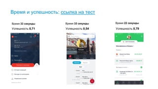 Время и успешность: ссылка на тест
Успешность 0,71 Успешность 0,54 Успешность 0,79
Время 33 секунды Время 33 секунды Время 22 секунды
Методом first-click test мы проверили еще пару гипотез. БСПБ: перевод с карты на карту - его нет в дополнительном меню «+», только в
меню-«гамбургере» слева вверху. Проблема! Сбербанк: в рамках тестирования люди не видели нижнее меню и не могли найти банкоматы.
Здесь эффективность выше, чем мы ожидали.
 