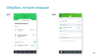 24
Сбербанк: история операций
2017 2016
В 2017 году Сбербанк начал показывать более детальную информацию на этом экране. Люди не замечали, что есть нижнее меню, им
казалось, что есть только основная зона. В 2016 люди не находили историю операций в основном блоке и искали ее дальше - видели нижнее
меню и справлялись с заданием. В 2017 нижнее меню не ищут.
 
