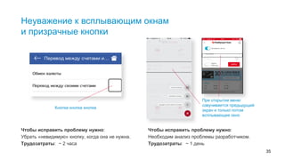 35
Неуважение к всплывающим окнам
и призрачные кнопки
Чтобы исправить проблему нужно:
Убрать «невидимую» кнопку, когда она не нужна.
Трудозатраты: ~ 2 часа
Чтобы исправить проблему нужно:
Необходим анализ проблемы разработчиком.
Трудозатраты: ~ 1 день
Кнопка кнопка кнопка
При открытии меню
озвучивается предыдущий
экран и только потом
всплывающее окно
Всплывающие окна не читаются, зато озвучиваются кнопки, которых нет.
 