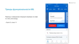 Тренды функциональности МБ
Переход к совершению операция напрямую из инфо
по счёту или вкладу
– было 5; стало 11
Переход к операциям прямо из счета. Было у 5 банков, стало у 11 банков.
 