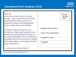 A postcard from Anytown CCG
Dear All
As nurses we know there is no new
money – yet we try hard to find some,
thinking that is the answer to our
financial problems and fragmented
care- we often think more is better.
We believe that all the service s we
provide are of high quality and all are
needed, but we also being told they are
no longer affordable and we constantly
reorganise the services around our teams
and organisations, not always the need
of our population..….
….WISH YOU WERE HERE ??
Patients and Visitors
Some Town Population
Anytown Trust
England
 