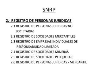 SNRP
2.- REGISTRO DE PERSONAS JURIDICAS
2.1 REGISTRO DE PERSONAS JURIDICAS NO
  SOCIETARIAS
2.2 REGISTRO DE SOCIEDADES MERCANTILES
2.3 REGISTRO DE EMPRESAS INDIVIDUALES DE
 RESPONSABILIDAD LIMITADA
2.4 REGISTRO DE SOCIEDADES MINERAS
2.5 REGISTRO DE SOCIEDADES PESQUERAS
2.6 REGISTRO DE PERSONAS JURIDICAS - MERCANTIL 
 