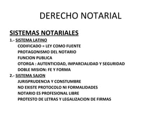 DERECHO NOTARIAL
SISTEMAS NOTARIALES
1.- SISTEMA LATINO
CODIFICADO = LEY COMO FUENTE
PROTAGONISMO DEL NOTARIO
FUNCION PUBLICA
OTORGA : AUTENTICIDAD, IMPARCIALIDAD Y SEGURIDAD
DOBLE MISION: FE Y FORMA
2.- SISTEMA SAJON
JURISPRUDENCIA Y CONSTUMBRE
NO EXISTE PROTOCOLO NI FORMALIDADES
NOTARIO ES PROFESIONAL LIBRE
PROTESTO DE LETRAS Y LEGALIZACION DE FIRMAS
 