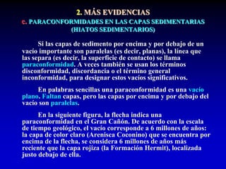 2. MÁS EVIDENCIAS
c. PARACONFORMIDADES EN LAS CAPAS SEDIMENTARIAS
(HIATOS SEDIMENTARIOS)
Si las capas de sedimento por encima y por debajo de un
vacío importante son paralelas (es decir, planas), la línea que
las separa (es decir, la superficie de contacto) se llama
paraconformidad. A veces también se usan los términos
disconformidad, discordancia o el término general
inconformidad, para designar estos vacíos significativos.
En palabras sencillas una paraconformidad es una vacío
plano. Faltan capas, pero las capas por encima y por debajo del
vacío son paralelas.
En la siguiente figura, la flecha indica una
paraconformidad en el Gran Cañón. De acuerdo con la escala
de tiempo geológico, el vacío corresponde a 6 millones de años:
la capa de color claro (Arenisca Coconino) que se encuentra por
encima de la flecha, se considera 6 millones de años más
reciente que la capa rojiza (la Formación Hermit), localizada
justo debajo de ella.
 