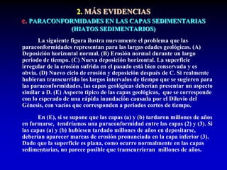 2. MÁS EVIDENCIAS
c. PARACONFORMIDADES EN LAS CAPAS SEDIMENTARIAS
(HIATOS SEDIMENTARIOS)
La siguiente figura ilustra nuevamente el problema que las
paraconformidades representan para las largas edades geológicas. (A)
Deposición horizontal normal. (B) Erosión normal durante un largo
periodo de tiempo. (C) Nueva deposición horizontal. La superficie
irregular de la erosión sufrida en el pasado está bien conservada y es
obvia. (D) Nuevo ciclo de erosión y deposición después de C. Si realmente
hubieran transcurrido los largos intervalos de tiempo que se sugieren para
las paraconformidades, las capas geológicas deberían presentar un aspecto
similar a D. (E) Aspecto típico de las capas geológicas, que se corresponde
con lo esperado de una rápida inundación causada por el Diluvio del
Génesis, con vacíos que corresponden a periodos cortos de tiempo.
En (E), si se supone que las capas (a) y (b) tardaron millones de años
en formarse, tendríamos una paraconformidad entre las capas (2) y (3). Si
las capas (a) y (b) hubiesen tardado millones de años en depositarse,
deberían aparecer marcas de erosión pronunciada en la capa inferior (3).
Dado que la superficie es plana, como ocurre normalmente en las capas
sedimentarias, no parece posible que transcurrieran millones de años.
 