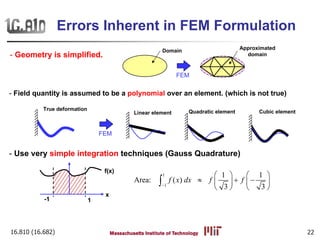 16.810 (16.682) 22
Errors Inherent in FEM Formulation
Quadratic element Cubic element
- Field quantity is assumed to be a polynomial over an element. (which is not true)
True deformation
- Geometry is simplified.
Domain
Approximated
domain
FEM
Linear element
FEM
- Use very simple integration techniques (Gauss Quadrature)
x
f(x)
1-1
1
1
1 1
Area: ( )
3 3
f x dx f f
−
   
≈ + −   
   
∫
 