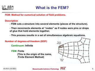 16.810 (16.682) 6
What is the FEM?
Description
- FEM cuts a structure into several elements (pieces of the structure).
- Then reconnects elements at “nodes” as if nodes were pins or drops
of glue that hold elements together.
- This process results in a set of simultaneous algebraic equations.
FEM: Method for numerical solution of field problems.
Number of degrees-of-freedom (DOF)
Continuum: Infinite
FEM: Finite
(This is the origin of the name,
Finite Element Method)
 