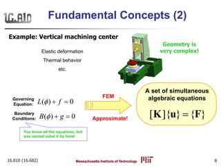 16.810 (16.682) 8
Elastic deformation
Thermal behavior
etc.
Governing
Equation: ( ) 0L fφ + =
Boundary
Conditions: ( ) 0B gφ + = [ ]{ } { }=K u F
A set of simultaneous
algebraic equationsFEM
Approximate!
Fundamental Concepts (2)
Example: Vertical machining center
Geometry is
very complex!
You know all the equations, but
you cannot solve it by hand
 