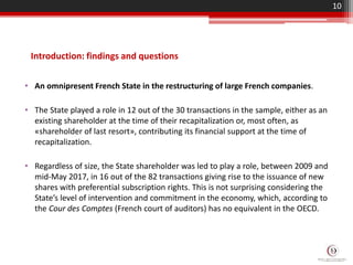 Introduction: findings and questions
• An omnipresent French State in the restructuring of large French companies.
• The State played a role in 12 out of the 30 transactions in the sample, either as an
existing shareholder at the time of their recapitalization or, most often, as
«shareholder of last resort», contributing its financial support at the time of
recapitalization.
• Regardless of size, the State shareholder was led to play a role, between 2009 and
mid-May 2017, in 16 out of the 82 transactions giving rise to the issuance of new
shares with preferential subscription rights. This is not surprising considering the
State’s level of intervention and commitment in the economy, which, according to
the Cour des Comptes (French court of auditors) has no equivalent in the OECD.
10
 
