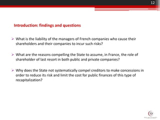 Introduction: findings and questions
 What is the liability of the managers of French companies who cause their
shareholders and their companies to incur such risks?
 What are the reasons compelling the State to assume, in France, the role of
shareholder of last resort in both public and private companies?
 Why does the State not systematically compel creditors to make concessions in
order to reduce its risk and limit the cost for public finances of this type of
recapitalization?
12
 